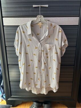 Michael Kors White Striped Button-Down Shirt with Gold Animal Print